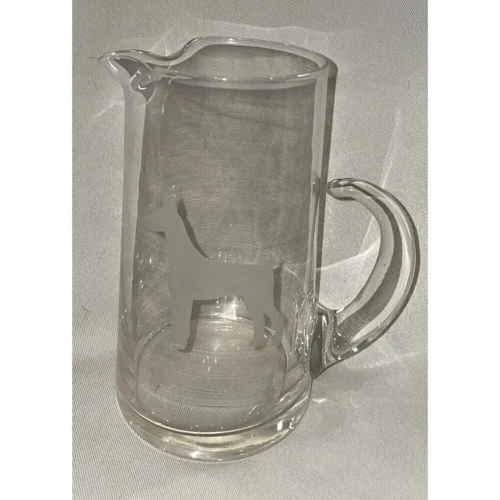 Doberman Pincher‎ Etched Glass Pitcher With Handle Dog Puppy 8 Inch Tall